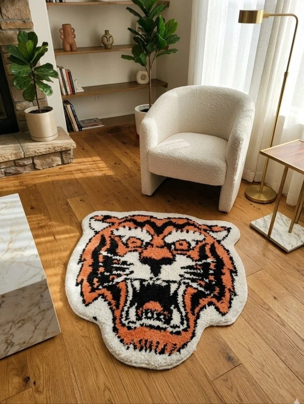 Tiger Face Accent Rug - White, Black & Orange
